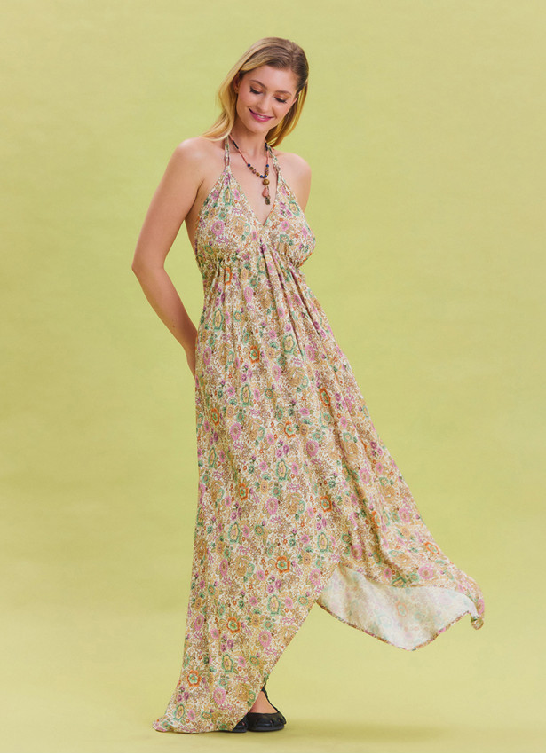 V Neck Backless Halter Neck Beige Floral Dress 4656